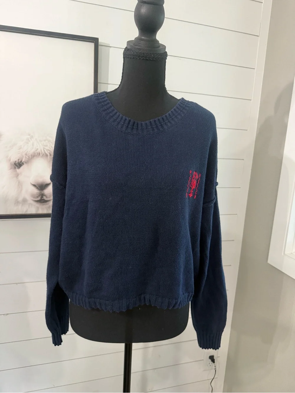 Bouffants & Broken Hearts Women’s Navy Blue Knit Crewneck Lobster Sweater M
